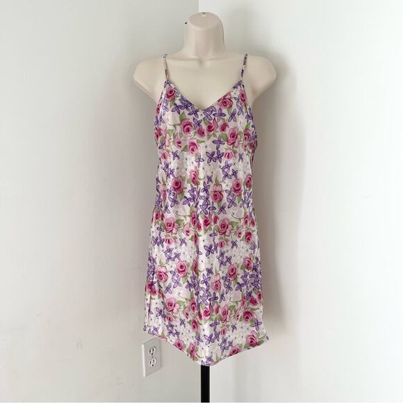 Vintage Satin Slip Dress Floral Cut Out Sides V Neck Criss Cross‎ Nightgown - Picture 1 of 10